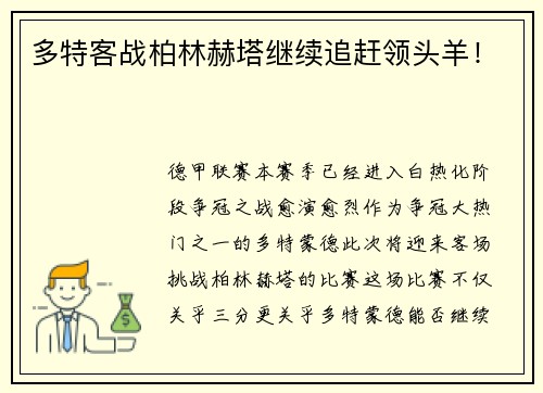 多特客战柏林赫塔继续追赶领头羊！