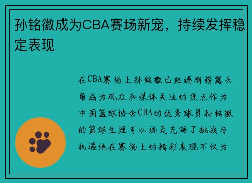 孙铭徽成为CBA赛场新宠，持续发挥稳定表现