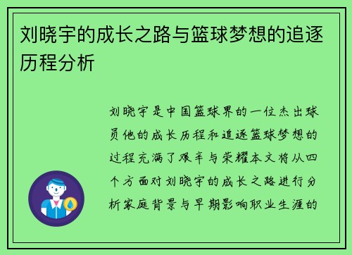刘晓宇的成长之路与篮球梦想的追逐历程分析
